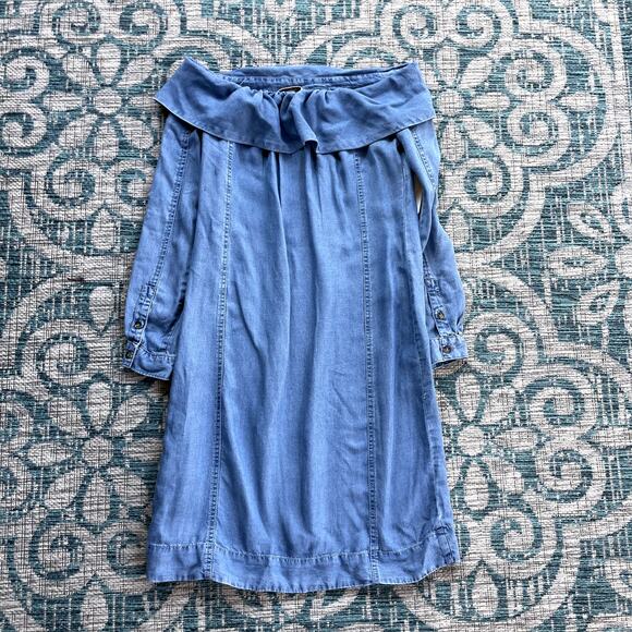 Anthropologie Blue Chambray‎ Off Shoulder Mini Dress - Size 00 - Picture 3 of 8